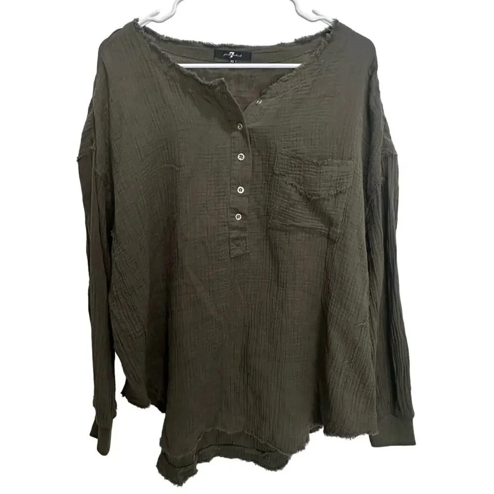 7 For All Mankind Green Henley Top Gauze Oversized Fit Women’s Size XS - Picture 2 of 7